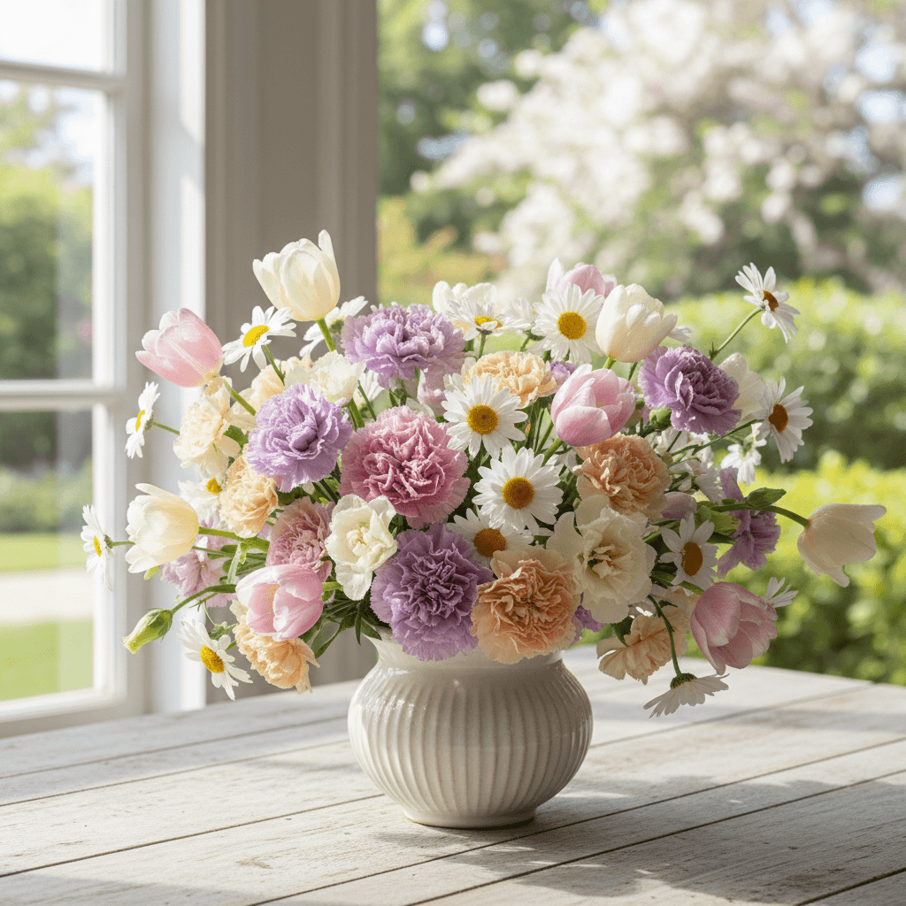 Pastel mixed flower arrangement with tulips and daisies