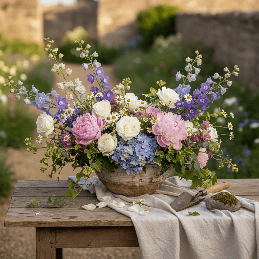 Garden style mixed seasonal flower arrangement