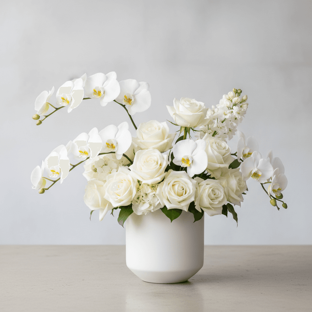 White orchid and rose arrangement in modern vase