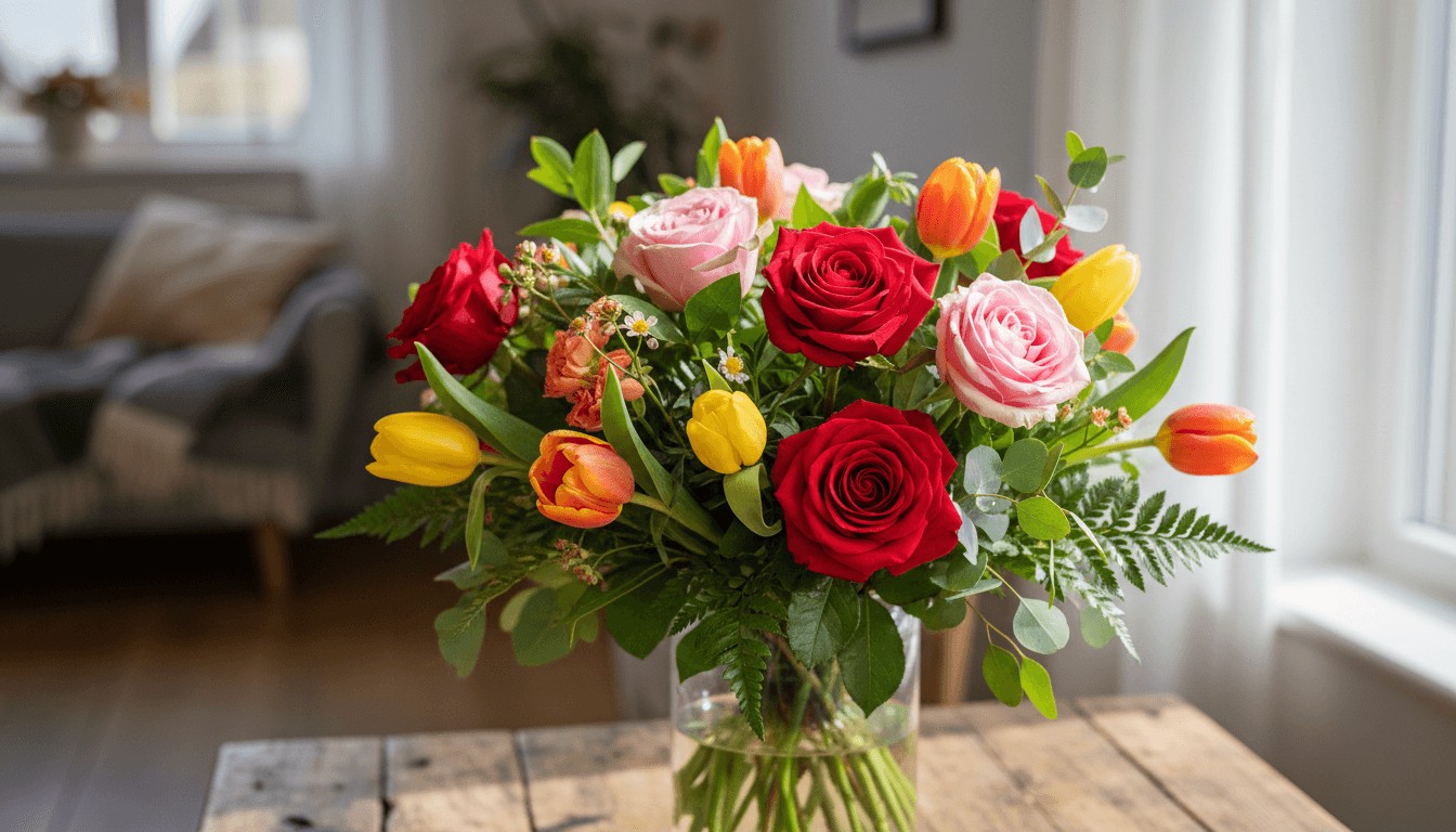 Vibrant fresh flower arrangement with colorful blooms in professional vase