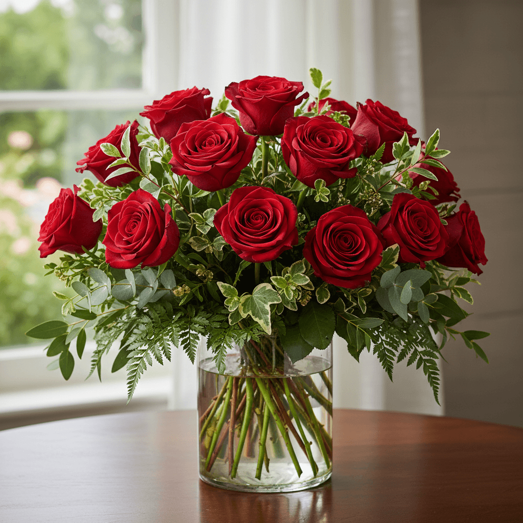 Red roses bouquet with fresh greenery