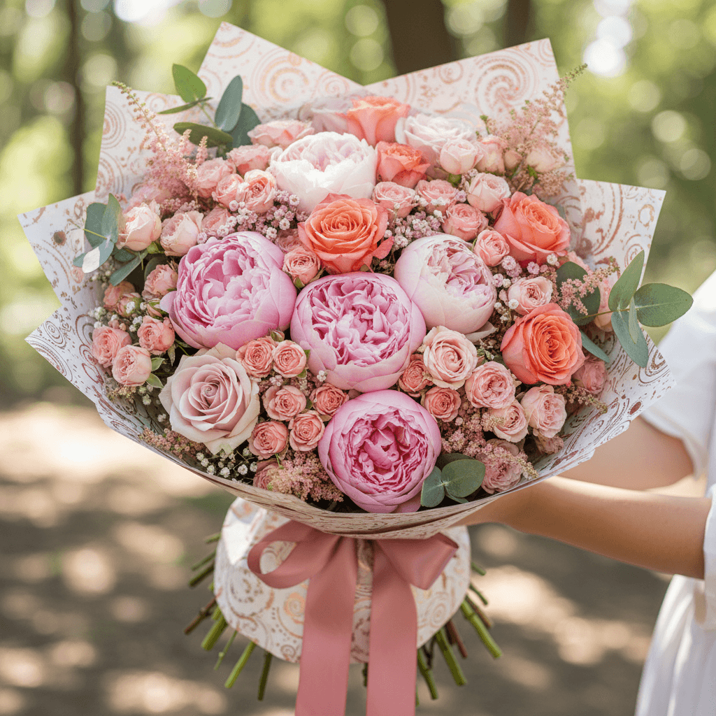 Pink coral peony and rose flower arrangement