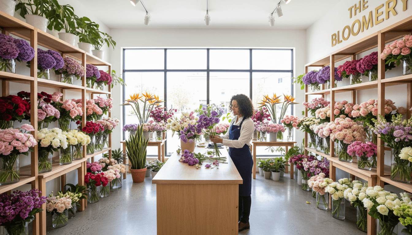 Florist arranging fresh flowers in a bright modern flower shop