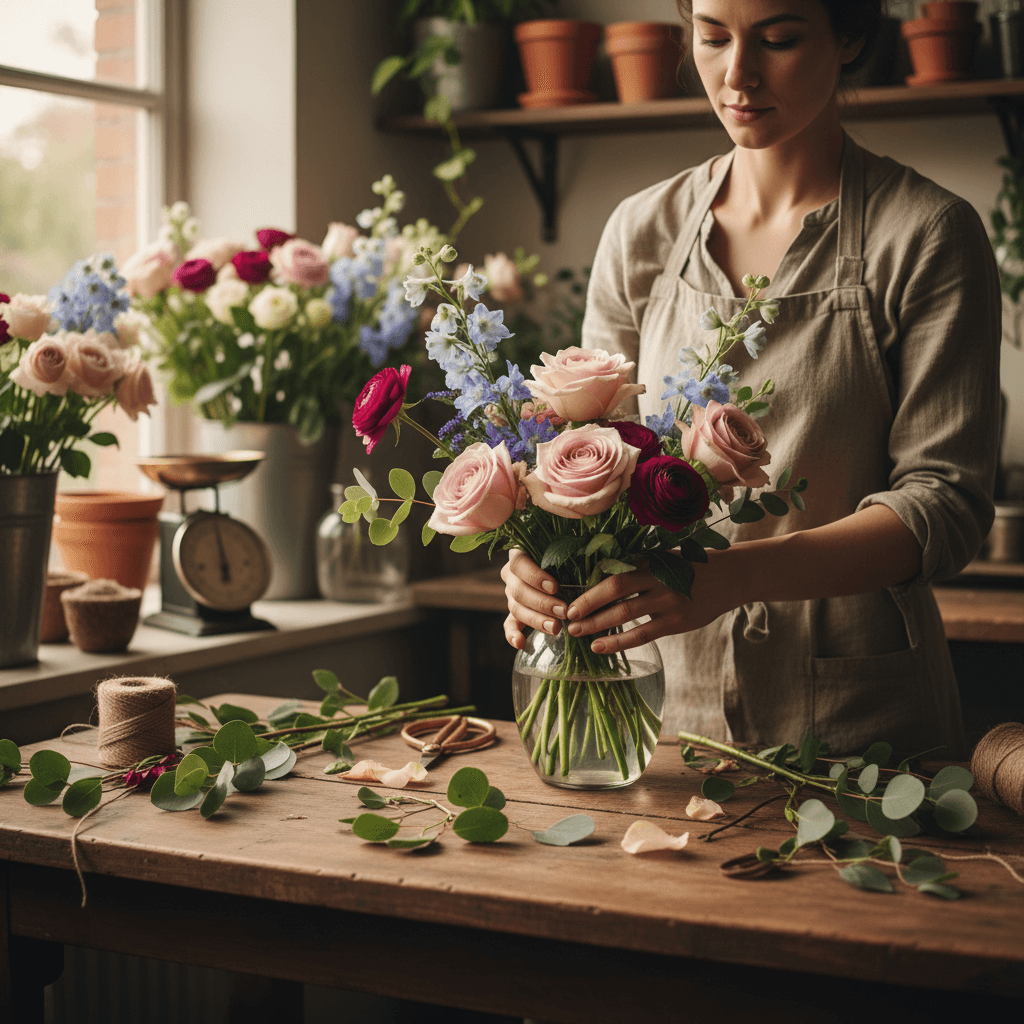 Florist preparing and wrapping flower arrangement with care