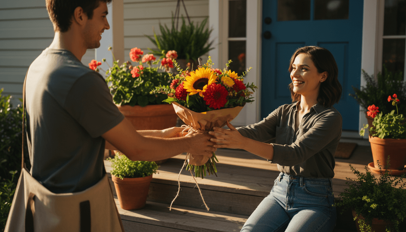 Customer receiving beautiful flower delivery with satisfaction